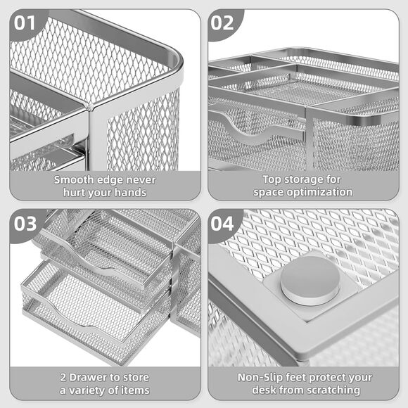 Marbrasse Mesh Desk Organizer with 2 Drawers, Pencil Holder 5 Slots – Silver - Picture 4 of 6